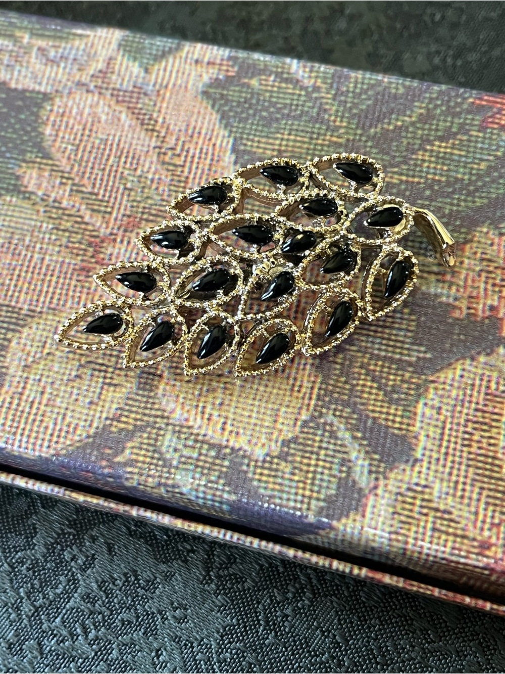 Vintage Black Rhinestone Leaf Peacock Brooch Gold Tone Statement Pin